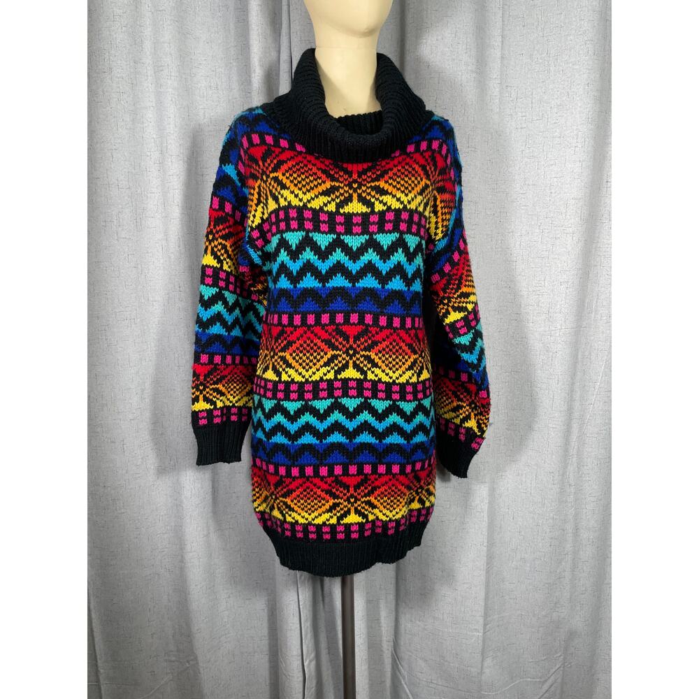 Ricki Vintage 90's Multicolored Turtle Neck Long Sweater, Fair Isle Pattern